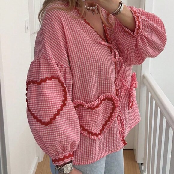 Red and White Casual Women's Plaid Print Tie Front Lantern Sleeve Blouse - Picture 4 of 4